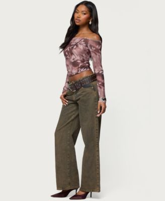 Women's Off Shoulder Printed Sheer Mesh Top