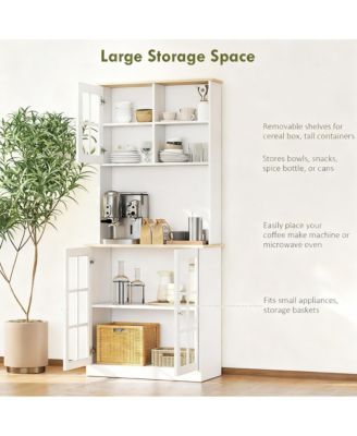 72" Kitchen Pantry Cabinet with Hutch, Glass Doors, Adjustable Shelves