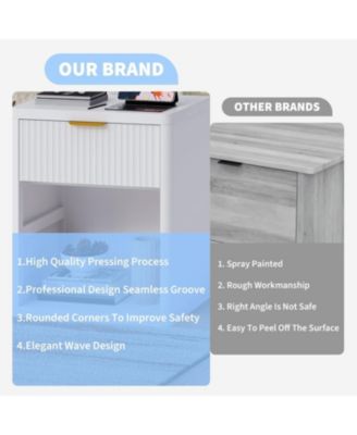 Fluted Nightstand Set of 2,Mid Century Bedside Table,Wooden End Table,Farmhouse Night Stand with 1 Drawer,Open Shelf