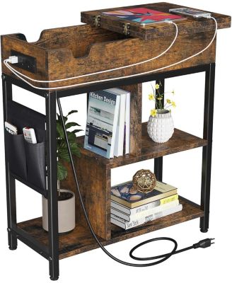 End Table with Charging Station, Flip Top Side Table with USB Ports and Outlets, Bedside Table with Storage Shelft, Narrow Nightstand