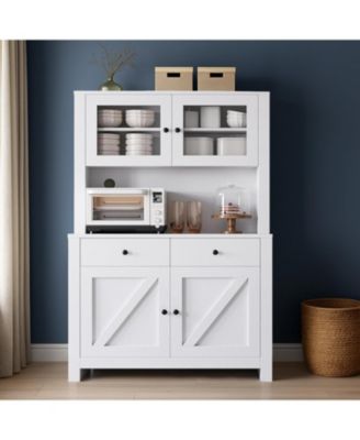 63" Tall Kitchen Pantry Cabinet with Drawers, Hutch & Glass Doors
