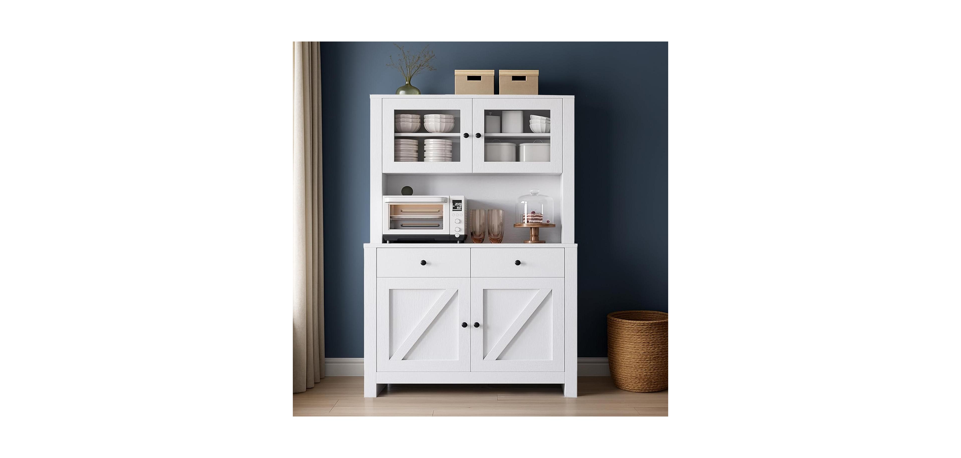 gaomon 63" Tall Kitchen Pantry Cabinet with Drawers, Hutch & Glass Doors