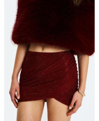 Women's Darleen Crimson Rhinestone Mesh Low Waist Ruched Skirt