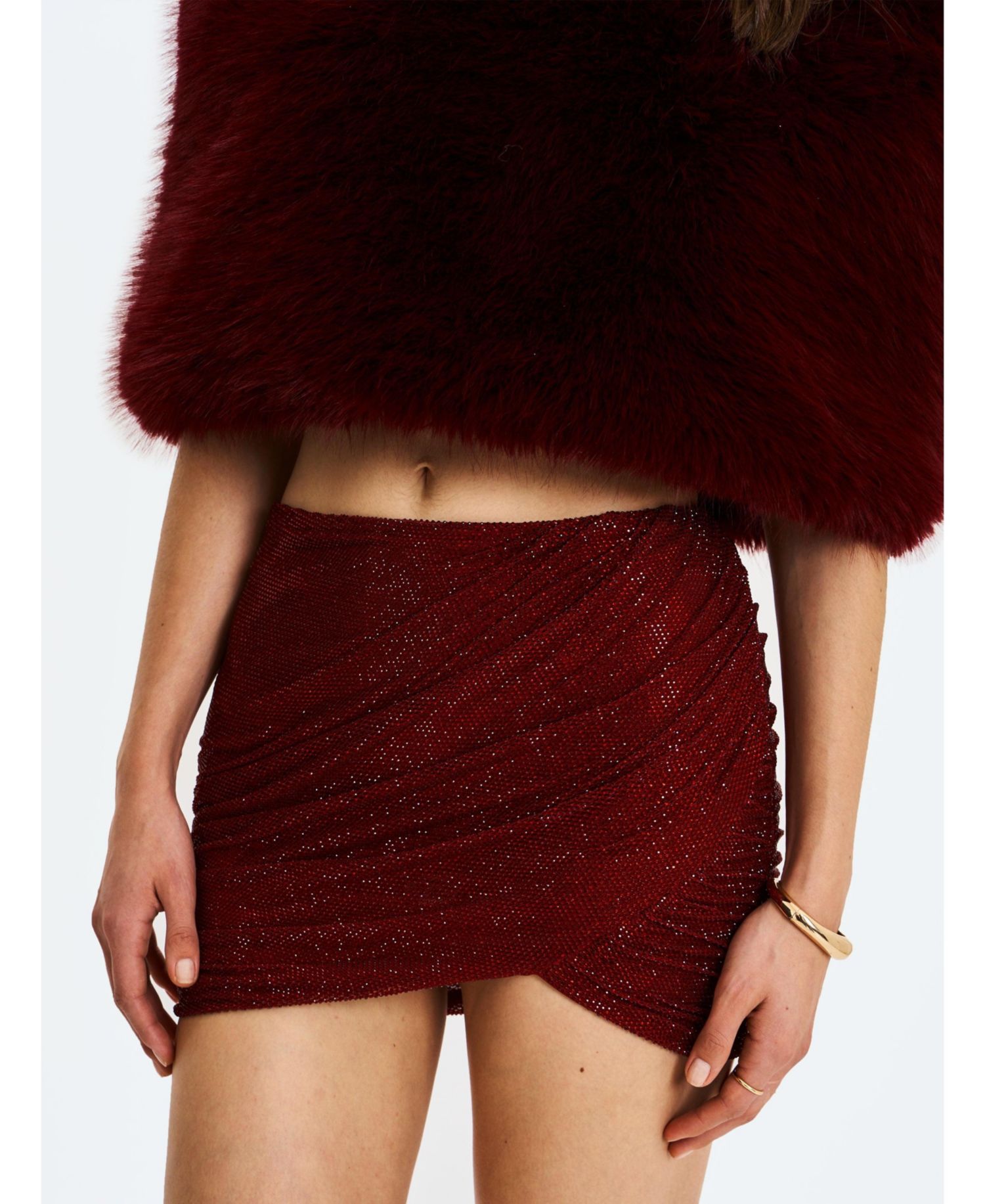 Women's Darleen Crimson Rhinestone Mesh Low Waist Ruched Skirt