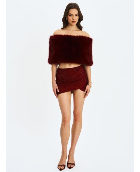 Женская юбка Miss Circle Darleen Crimson Rhinestone Mesh Low Waist Ruched, цвет: Бордовый