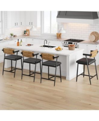 Counter Height Bar Stools Set of 2 with Arms, Upholstered Modern Metal Bar Chairs