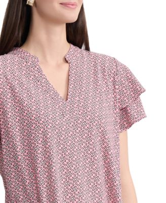 Petite Knit Flutter Sleeve Band Collar Top