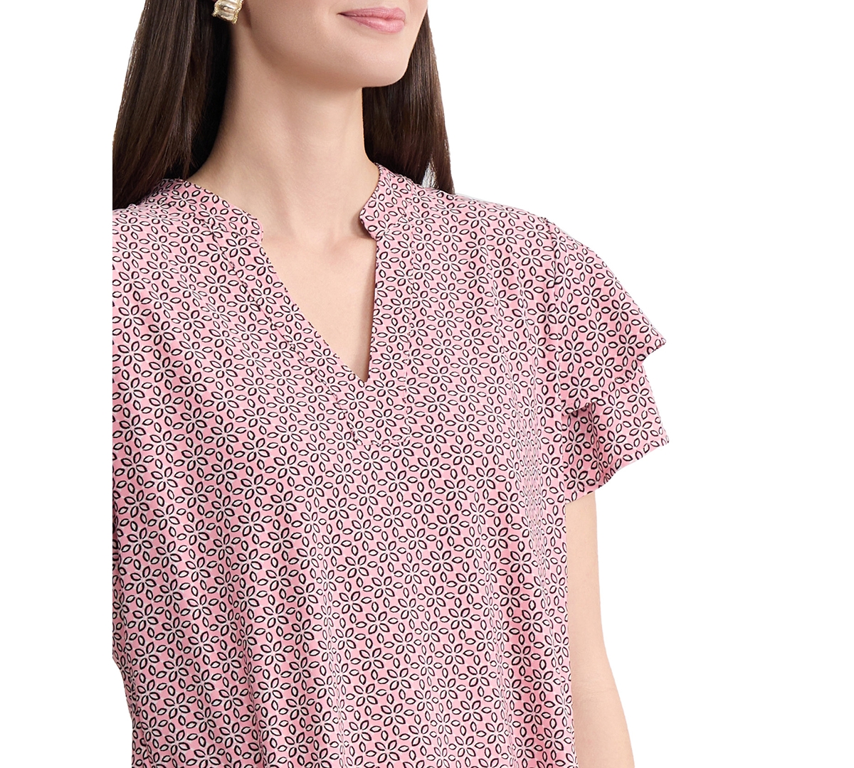 Jones New York Petite Knit Flutter Sleeve Band Collar Top