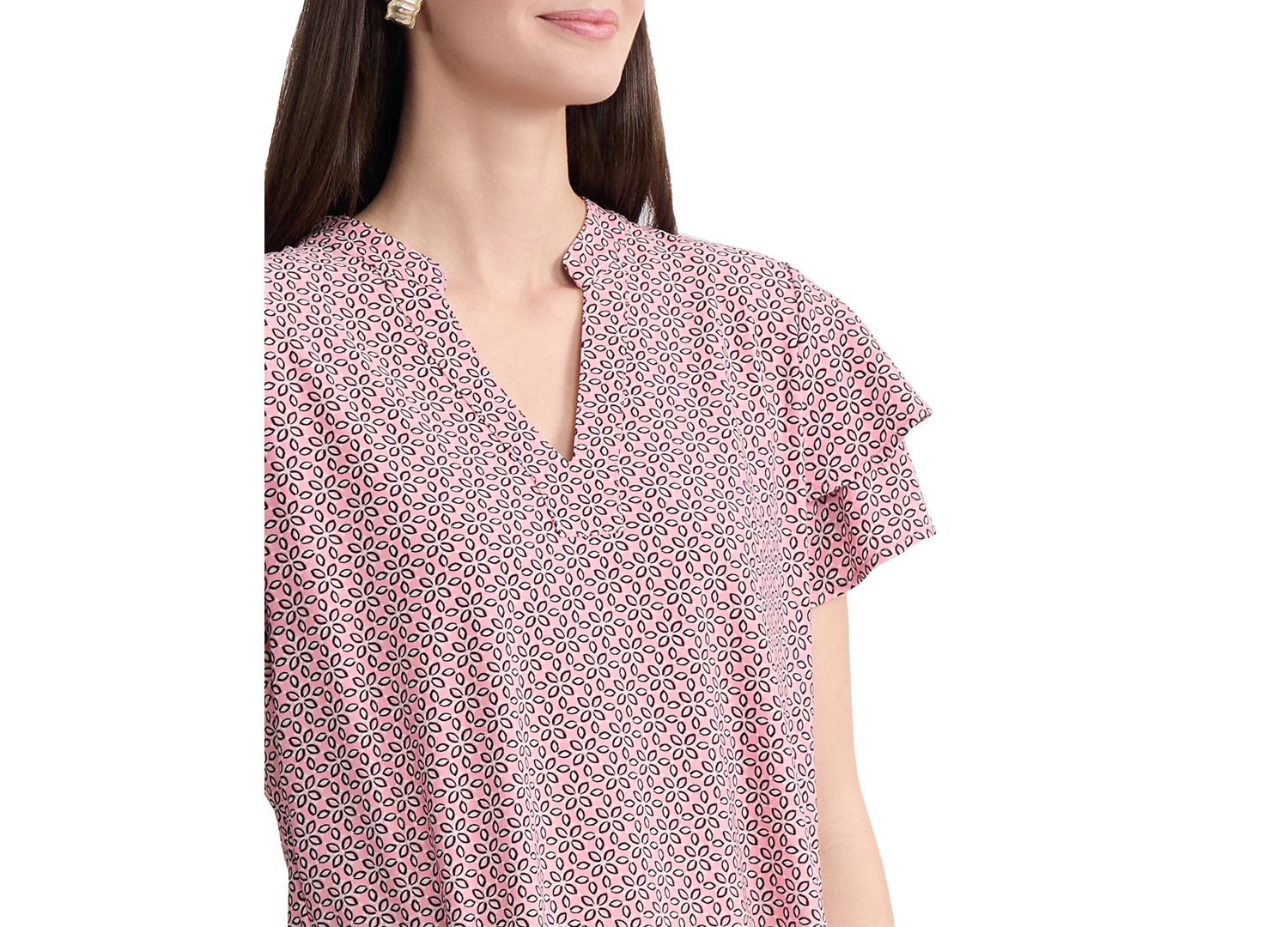 Petite Knit Flutter Sleeve Band Collar Top