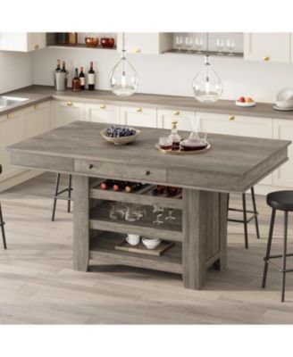 60" Counter Height Dining Table for 4, Farmhouse Rectangular Tall Bar Height Kitchen Dining Table & Thick Table Top, with Deepened Wine Rack