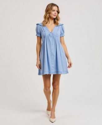 Women's Button-Front Lace-Trim Puff-Sleeve Mini Dress