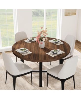 Round Dining Table, Industrial Dinner Table for 4 to 6, Wooden Kitchen Table with Sturdy Metal Frame
