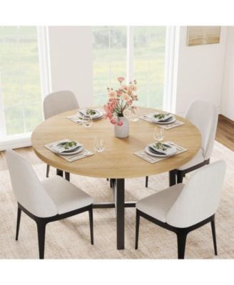 Round Dining Table, Industrial Dinner Table for 4 to 6, Wooden Kitchen Table with Sturdy Metal Frame