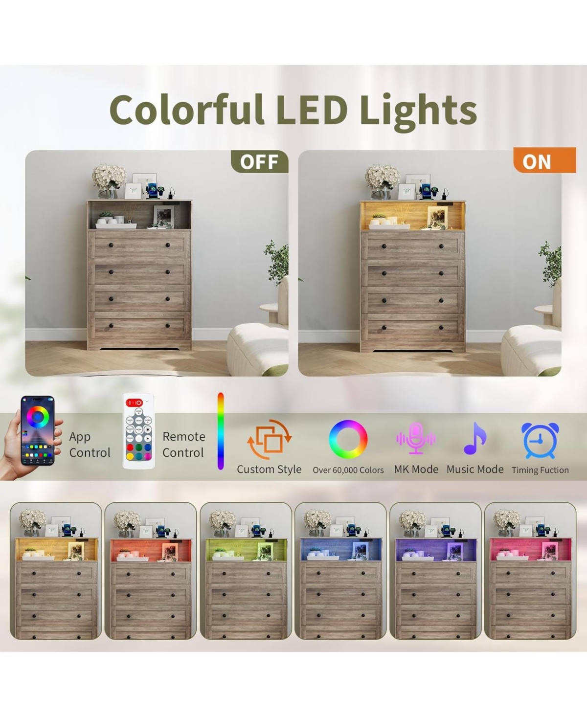 gaomon 4 Drawer Wood Dressers for Bedroom with Led Lights and Charging Station, Modern Nightstand Bedside, Wooden Chest of Drawers