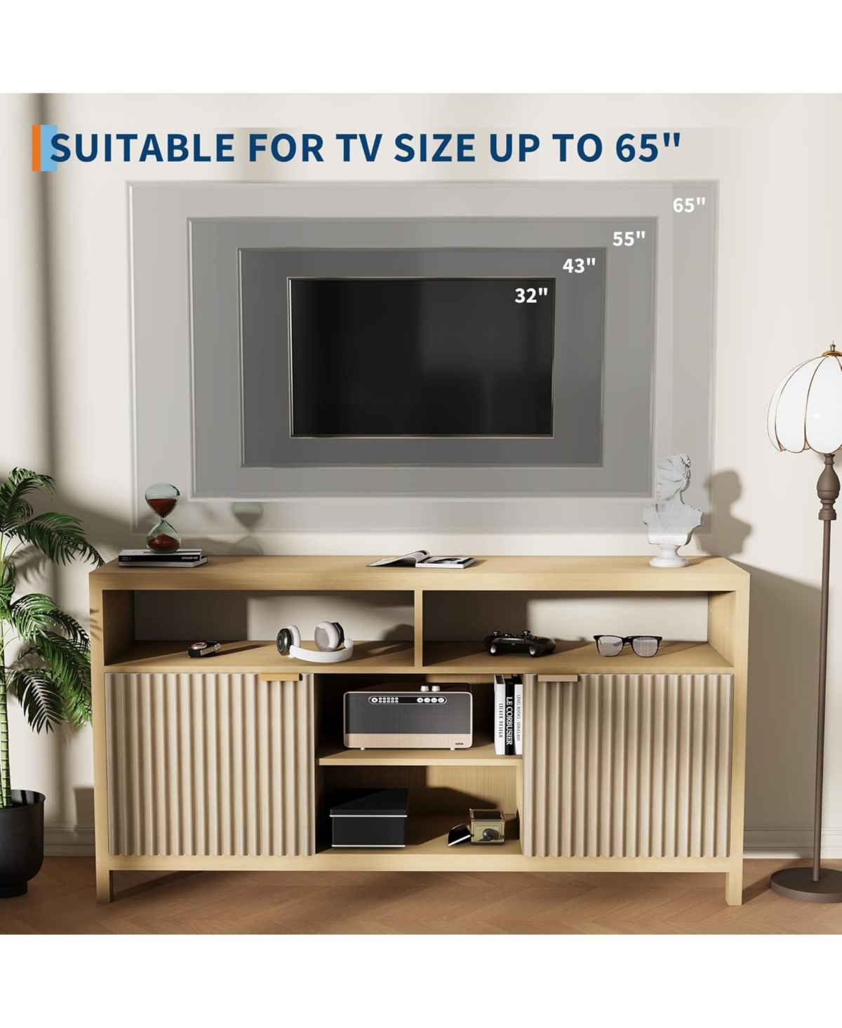 gaomon Fluted Tv Stand for 65 Tv, Mid Century Modern Entertainment Enter with Storage, Slim Tall Wood Media Console Table Living