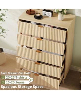 5 Drawer Dresser Set of 2, 32 in Tall Mid Century Modern Dresser Drawers, Waveform Fluted Side Table, Wood Drawer Organizer for Bedroom