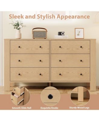Natural Oak 6 Drawer Dresser for Bedroom, Modern Wide Dresser Organizer with Storage Drawers, Wooden Chests of Drawers for Bedroom