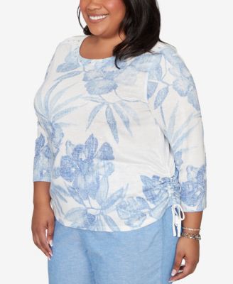 Plus Size Caribbean Blues Monotone Dramatic Floral Tropical Top