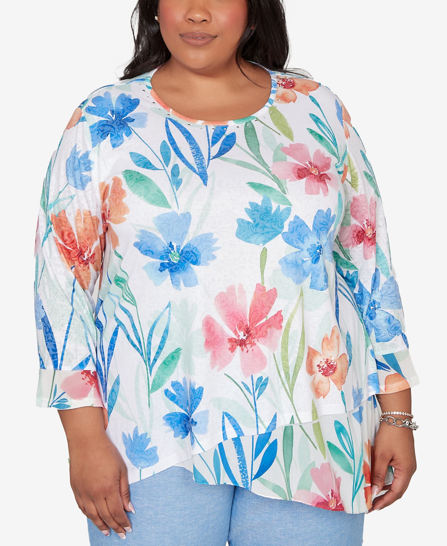 Plus Size Caribbean Blues Whimsical Flower Bell-Sleeve Top