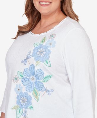 Plus Size Caribbean Blues Embroidered Dragonfly Floral Top