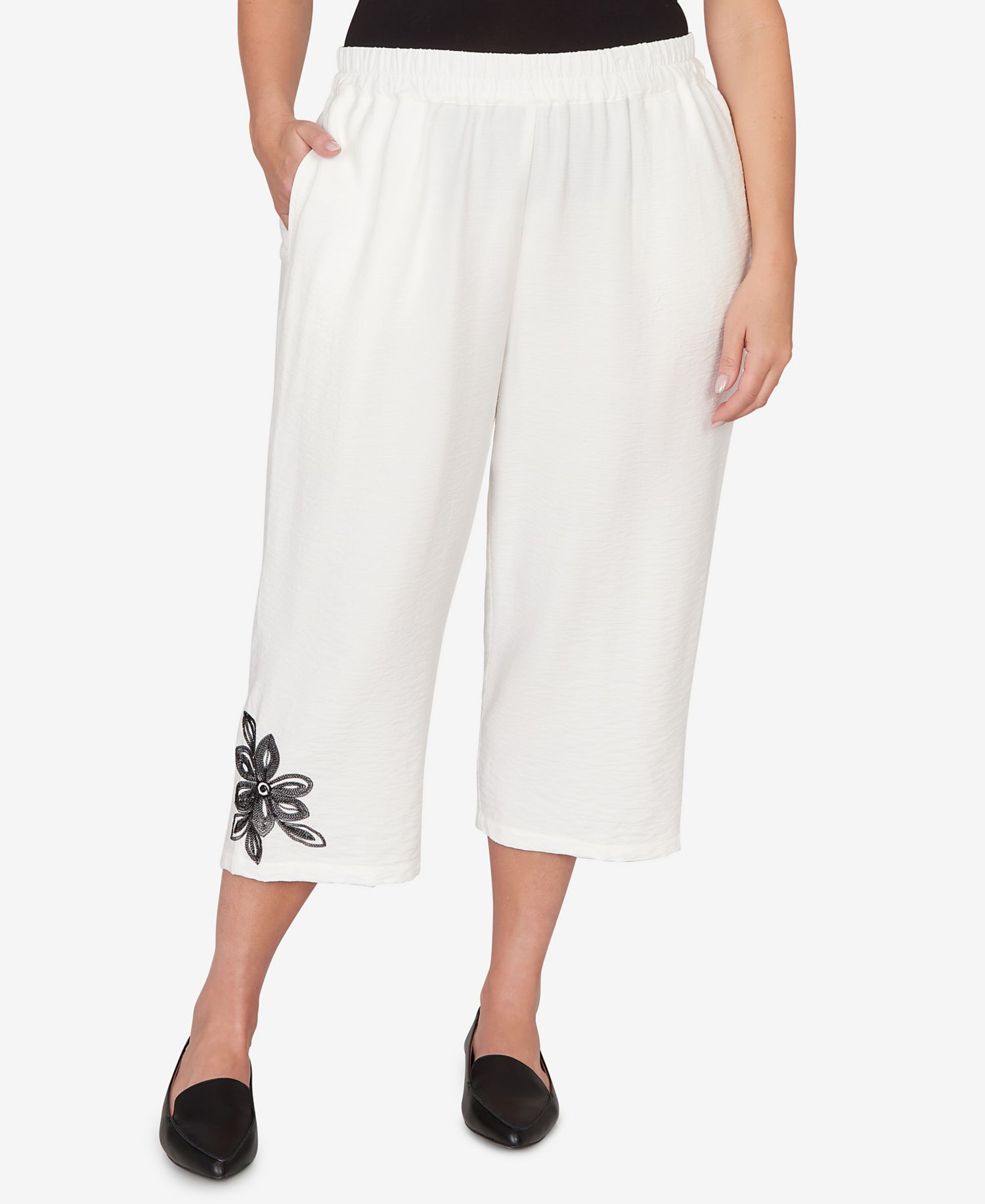 Plus Size Crowd Pleaser Floral Embroidered Relaxed Capri Pants