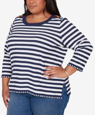 Plus Size Port Side Pique Stripe Button Detail Top
