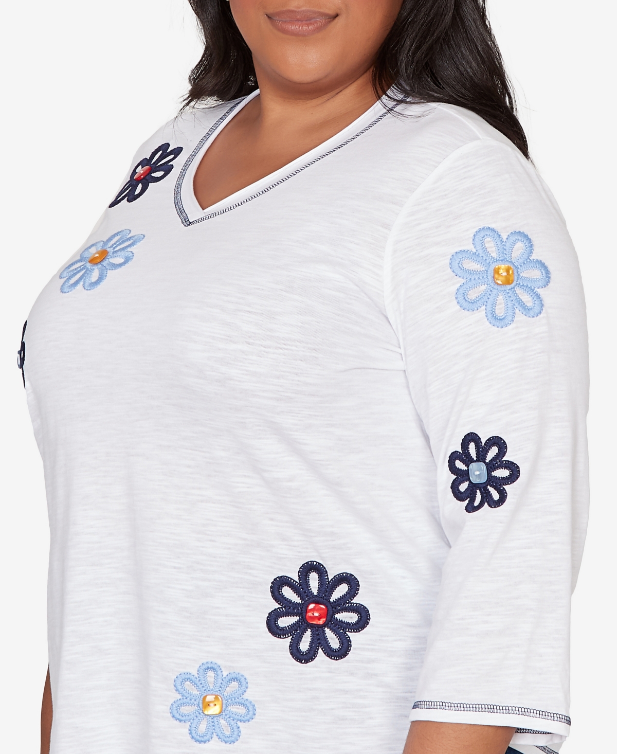 Alfred Dunner Plus Port Side Embellished Floral Button Top