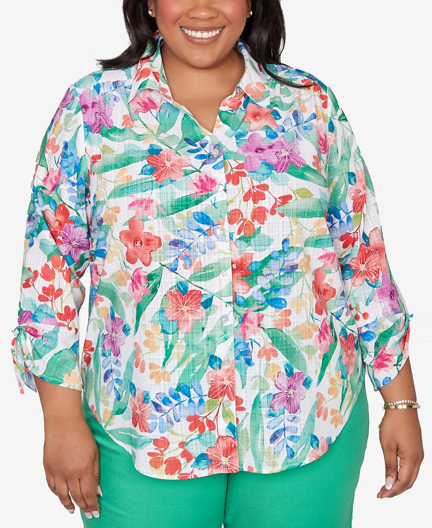 Женский топ Alfred Dunner Plus Size Resort Living Tropical Print Tie-Sleeve Button-Front, цвет: Зелёный разноцветный — фото 1
