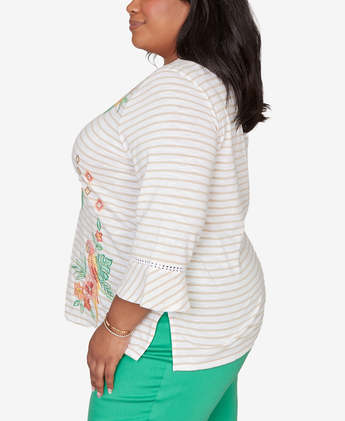 Alfred Dunner Plus Resort Living Parrot Stripe Embroidered Top