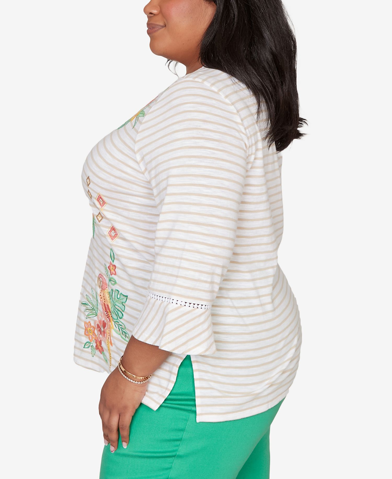 Plus Size Resort Living Parrot Stripe Embroidered Top