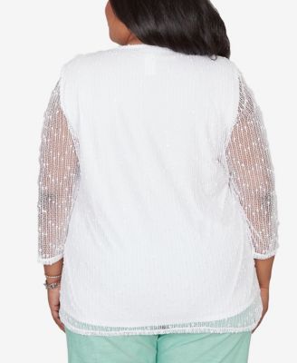 Plus Size Caribbean Blues Popcorn Mesh Solid Top with Necklace