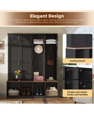 Farmhouse Hall Tree Walnut Seating Bench with 4 Hanging Hooks for Living Room