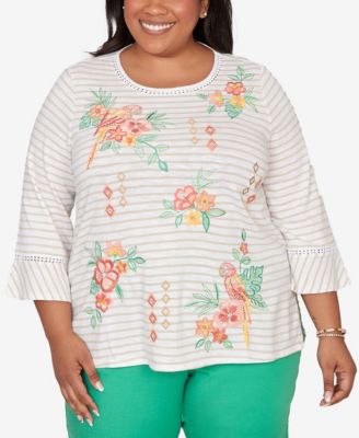 Plus Size Resort Living Parrot Stripe Embroidered Top