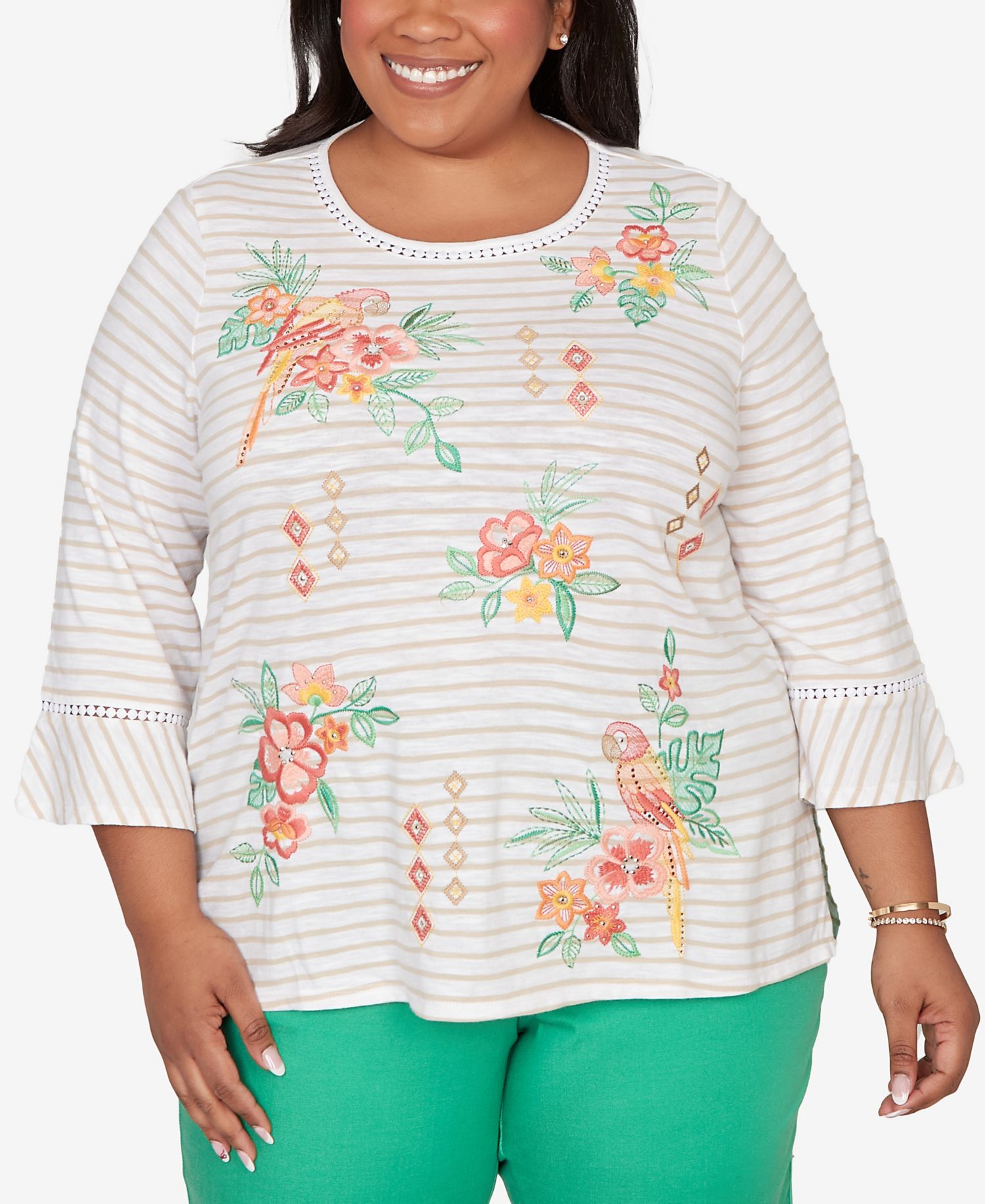Plus Size Resort Living Parrot Stripe Embroidered Top