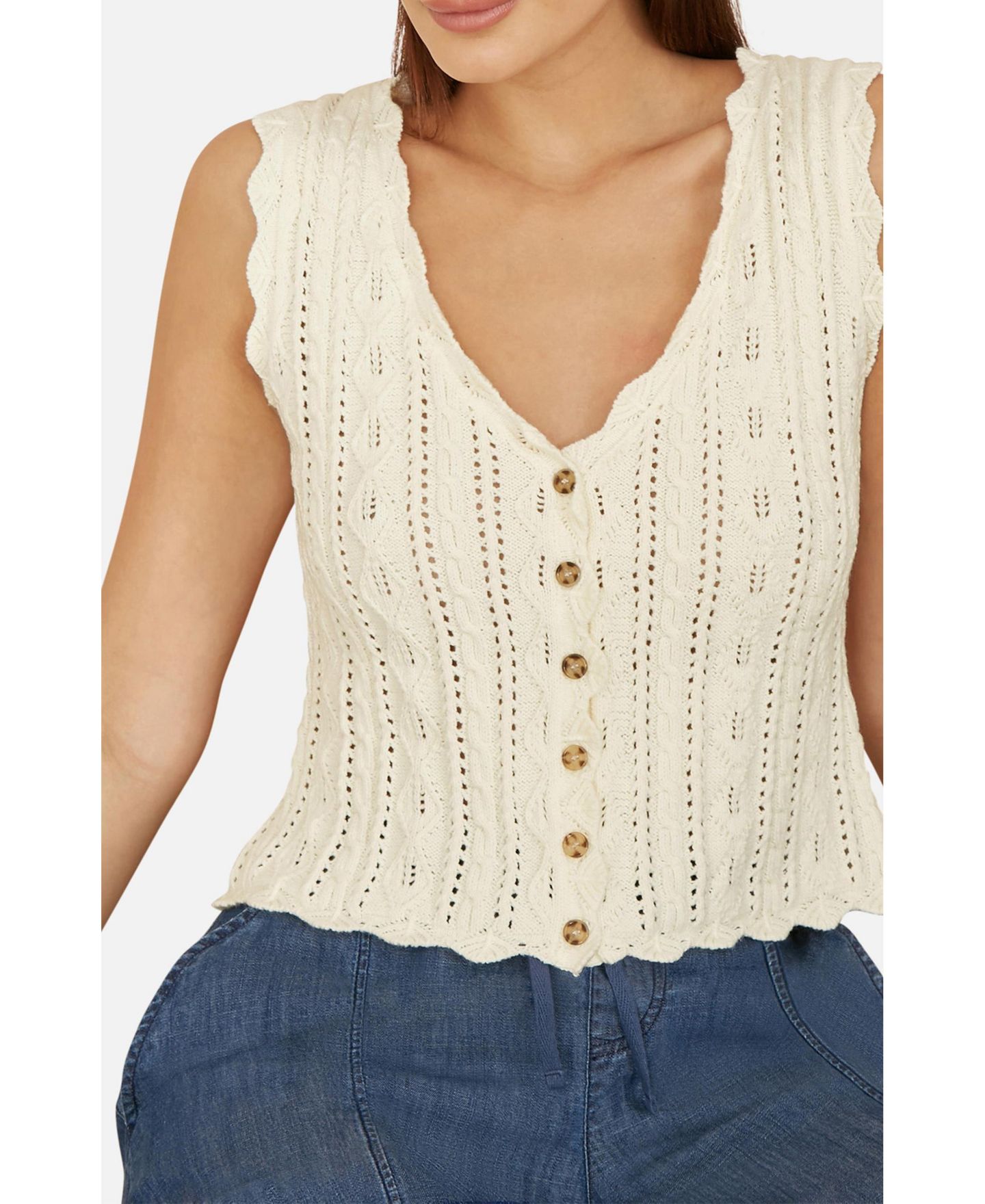 Женский топ Yumi V Neck Button Down Crochet Knitted, цвет: Слоновая кость — фото 2