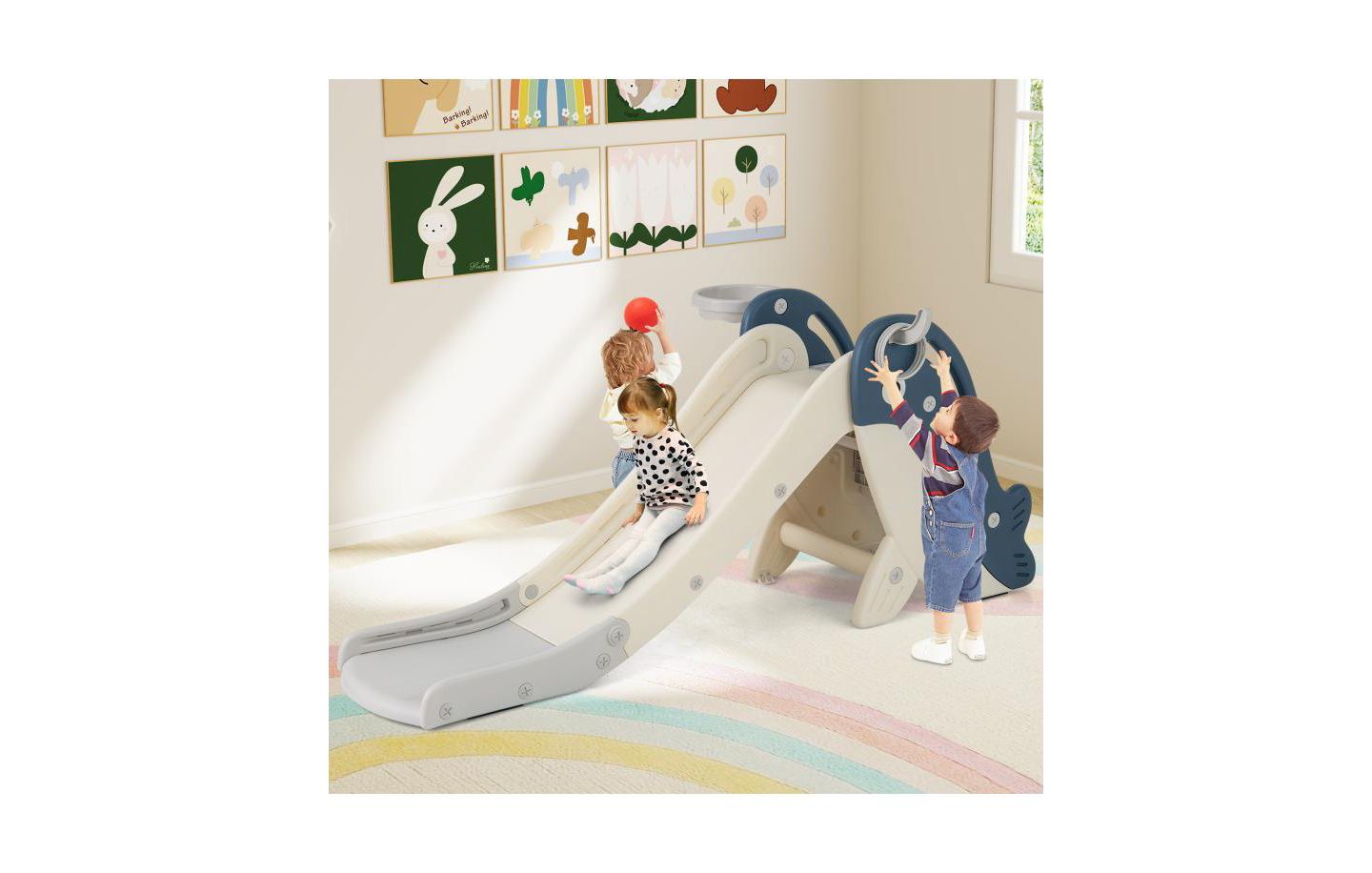 Детский игровой набор Slickblue Indoor-Outdoor Baby Slide Climber Playset with Basketball Hoop, 59"L x 28"W x 26"H, от 3 лет, цвет: Синий — фото 2