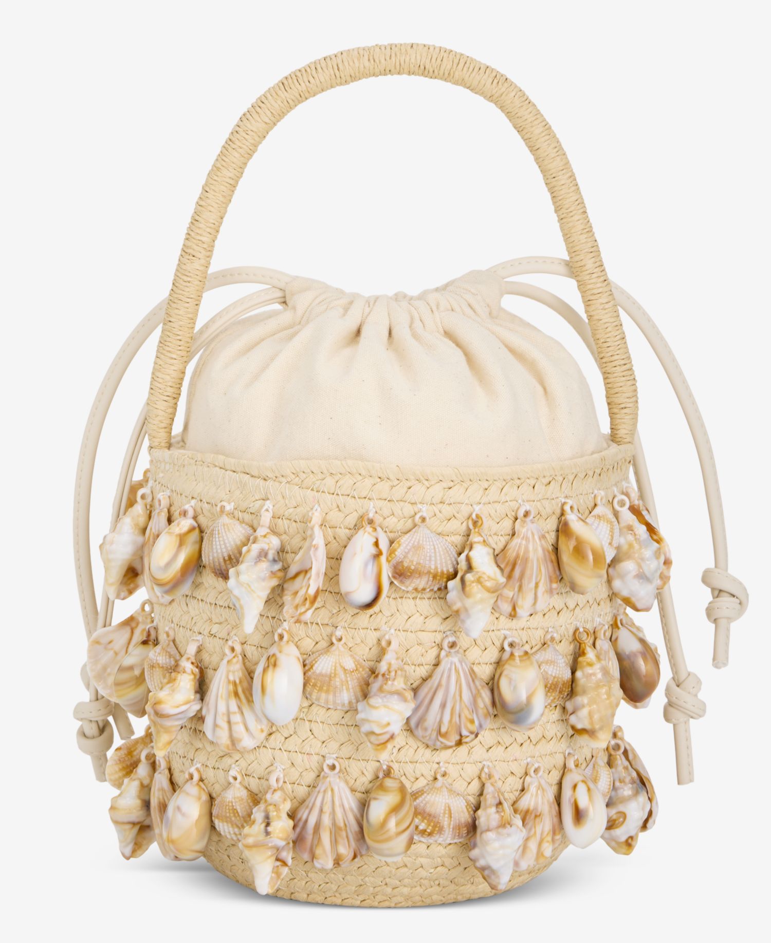 Shell Embellished Straw Bucket Bag