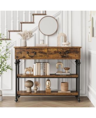 Entryway Table with Drawers and Storage Shelves, Narrow Console Table for Hallway, Living Room, or Behind Sofa, Rustic Brown Small Entry Table