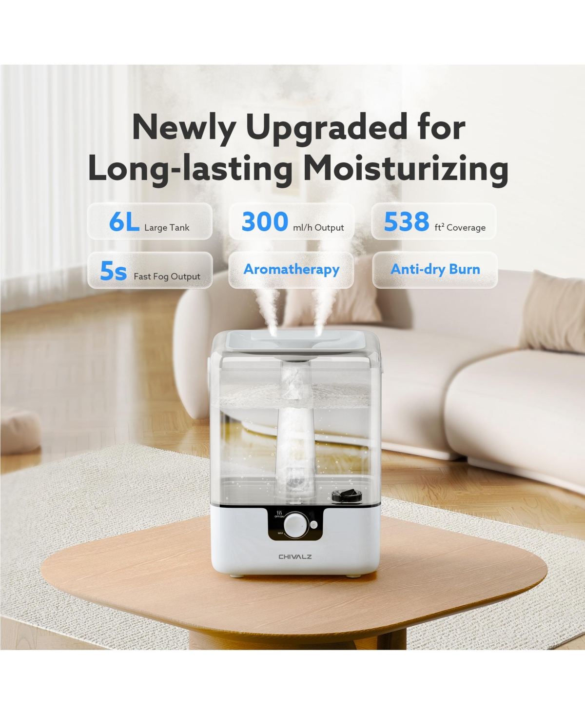 Cold Mist Humidifier for Home with 1.58 gal Tank, 26 dB Sleeping Mode Humidifier with Oil Diffuser for Bedroom, Up to 50 Hours Use
