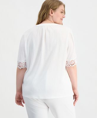 Plus Size Split-Neck Lace-Trim Elbow-Sleeve Top