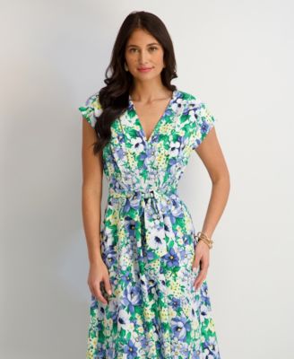 Women's Printed V-Neck Smocked-Back A-Line Dress
