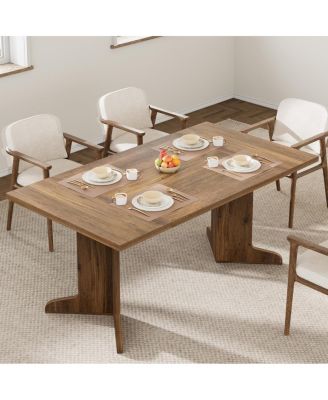 71" Large Dining Table for 6, Farmhouse Kitchen Table with Padded Top and Unique V-Shaped Feet, Rectangular Wooden Dining Table for 8 People