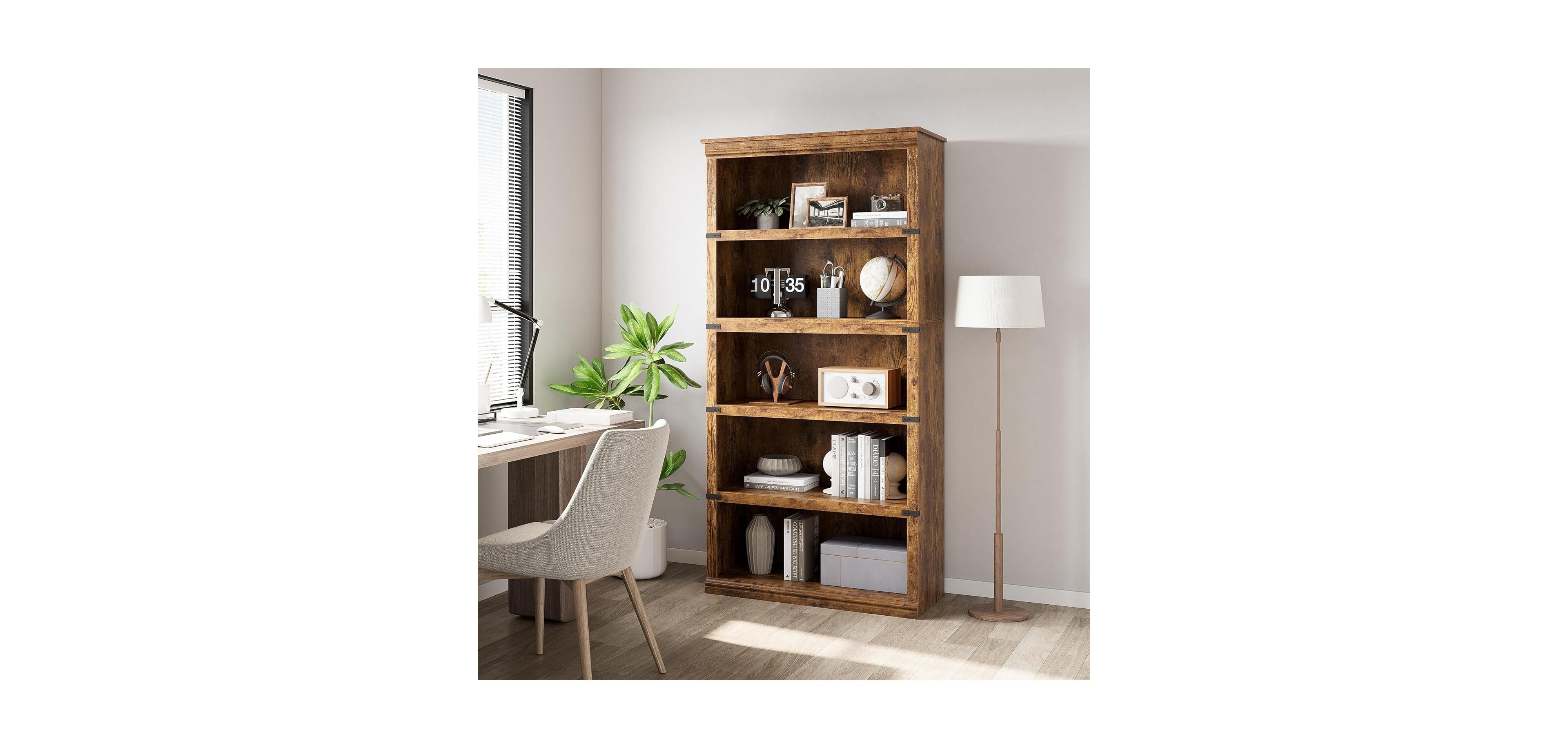 gaomon 67.4" Tall 5-Tier Farmhouse Bookcase - Wooden Bookshelf with Open Display Shelves and Storage, Freestanding Home Office, Living Room