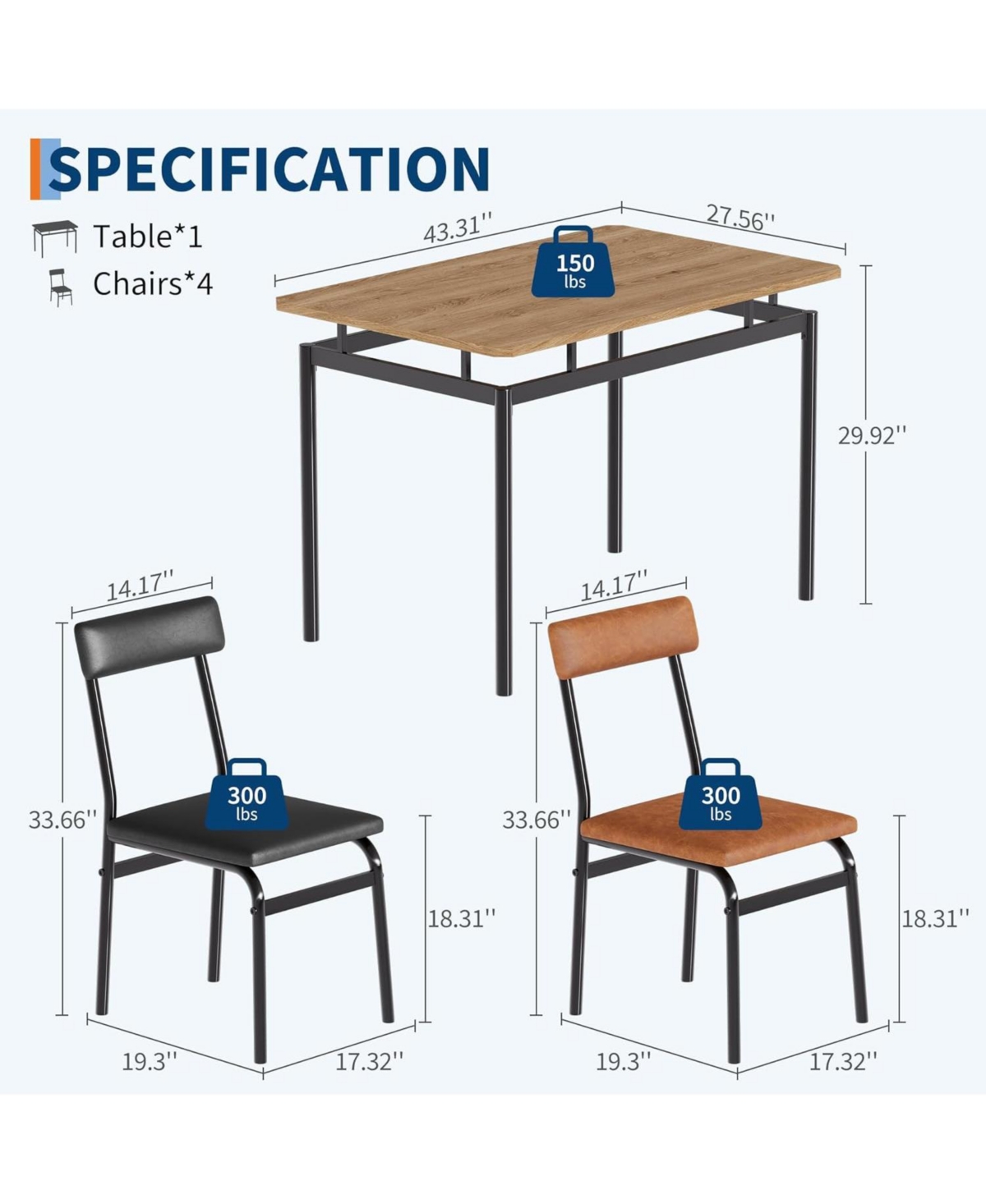 gaomon 5 Piece Dining Table Set for 4, Wooden Table with Pu Upholstered Chairs, Modern Metal Frame Dinette Set for Dining Room and Home