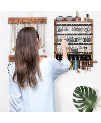 Antique Wood Wall Organizer Set: Earring, Necklace, Bracelet Holders & Shelf