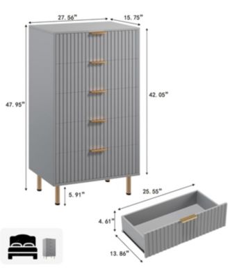 Fluted 5 Drawer Dresser for Bedroom, 48 in Tall Modern Chest of Drawers with Deep Drawers and Wide Top, Wooden Dresser Organizer