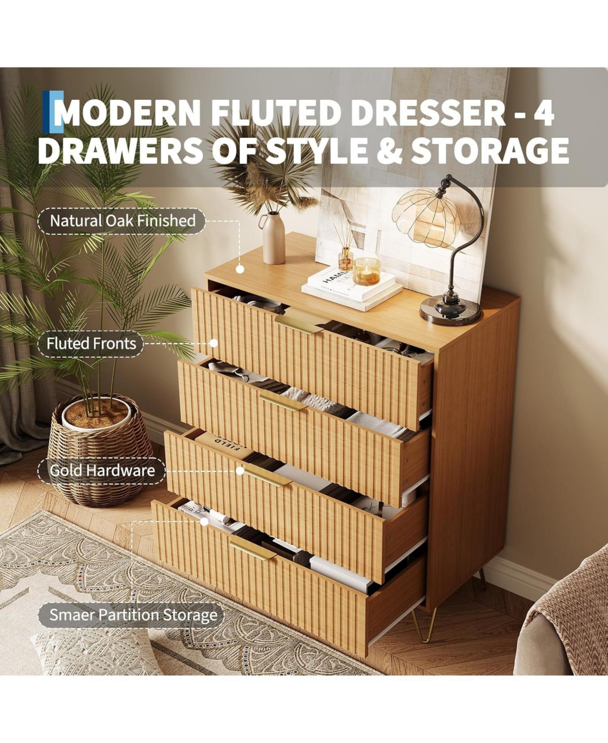 gaomon Fluted 4-Drawer Dresser for Bedroom, 32" Wide Modern Minimalist Chest of Wooden Drawers,Wide Clothes Storage Organizer