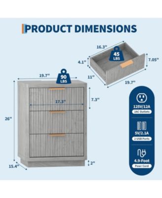 Fluted Nightstand with Charging Station, Mid Century Modern Fluted Nightstand, 3 Drawers Wooden Nightstand