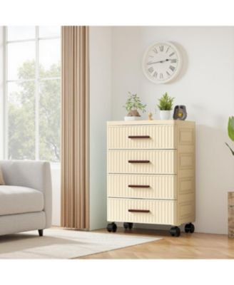 4 Tiers Plastic Drawer Storage On Wheels, Storage Chest of Drawers Tall Dresser, Pull Out Storage Bins for Bedroom