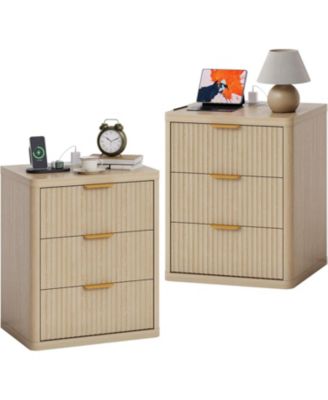 Fluted Nightstand with Charging Station, Bedside Table with 3 Drawers Storage Space.